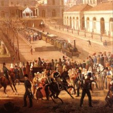 Cerimonia d’inaugurazione della ferrovia Napoli – Portici alla presenza del Re Ferdinando II (particolare), 1839, tempera su carta, Napoli. Salvatore Fergola